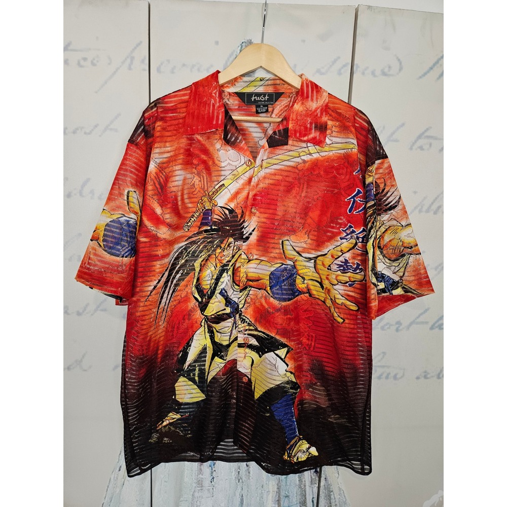 Trust Couture Collection Mens XL Samurai Anime Graphic Mesh Button Up Shirt Red